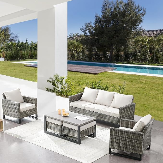 Belord 6 Piece Outdoor Furniture Patio Wicker Sofa Set, Oversize Outdoor Dining Chairs with Rattan Ottomans, Conversation Sets Patio Furniture Come with Removable Washable Cushion Beige