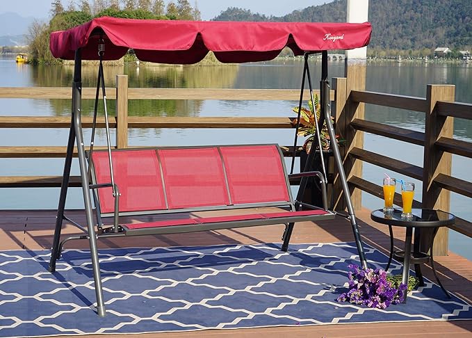 Kozyard 3-Person Outdoor Canopy Porch Swing Chair, Breathable Textilene Armrest Seat, Adjustable Shade, Heavy-Duty Powder-Coated Steel Frame Swing for Patio, Backyard, Poolside & Balcony Burgundy