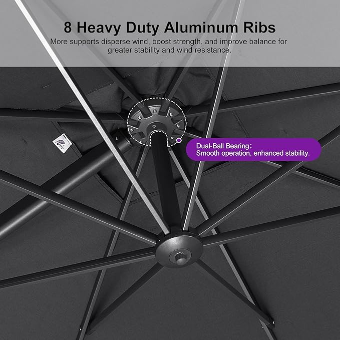 PURPLE LEAF 9' X 11.5' Rectangle Patio Umbrella with Base Outdoor Large Aluminum Cantilever Umbrella with 3 Years Fade Resistance Recycled Fabric and 360-degree Rotation for Garden Deck Pool, Mist Grey