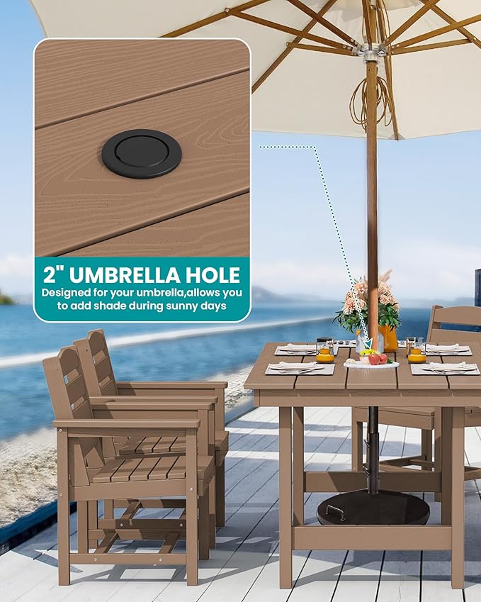 SERWALL Patio Dining Table Sets 5-Piece, Outdoor HDPE Dining Furniture Set with Umbrella Hole Cut-Out Table and 4 Chairs, All Weather Dining Set for Lawn, Garden, Backyard, Poolside, Brown