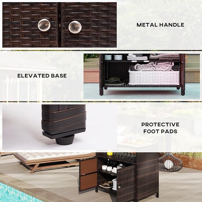 Outsunny Wicker Outdoor Storage Cabinet, Rattan Outdoor Bar Table with Acacia Wood Countertop, 2 Doors and Shelf, Buffet Cabinet Sideboard for Poolside, Garden, Patio, Backyard, Brown