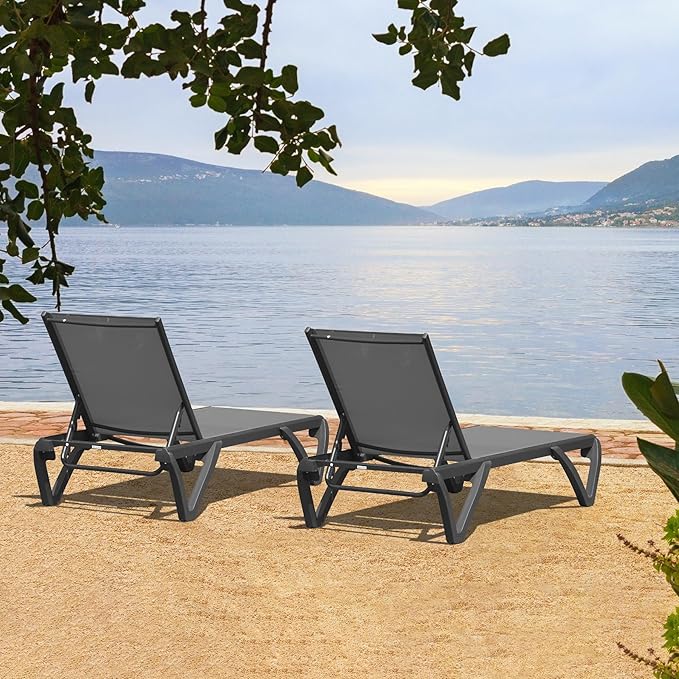 Domi Pool Lounge Chairs Set of 2, Aluminum Adjustable Outdoor Chaise Lounge with Wheels, All Weather Outdoor Lounge Chair for Deck Lawn Patio Backyard, Textilene - Gray