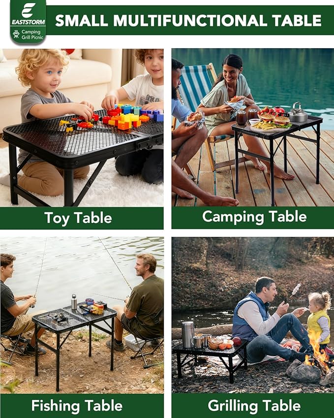 2Ft Small Folding Table with Carry Handle, Camping Table Adjustable Height 10.6–22 in, Black Metal Mesh, Portable & Compact for Outdoor/Indoor,Grill Table, 23.6×15.8 in, 4 lb, 66 lb Capacity