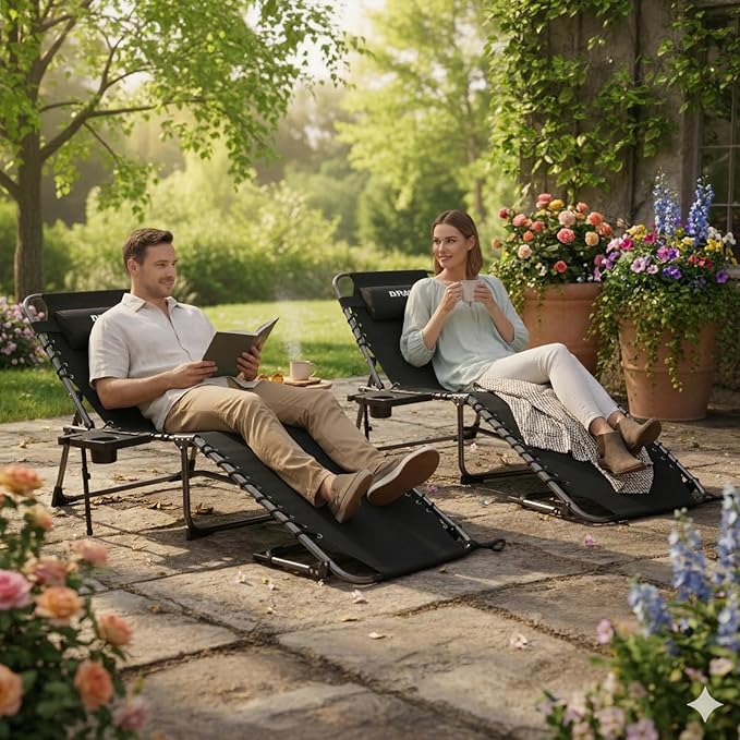 FUNDANGO Chaise Lounge Chair Outdoor, 5-Position Folding Tanning Chair with Detachable Side Table & Pillow, 180° Lay Flat Portable Beach, Heavy Duty U-Frame for Patio, Pool, Lawn, 265lbs (Black)