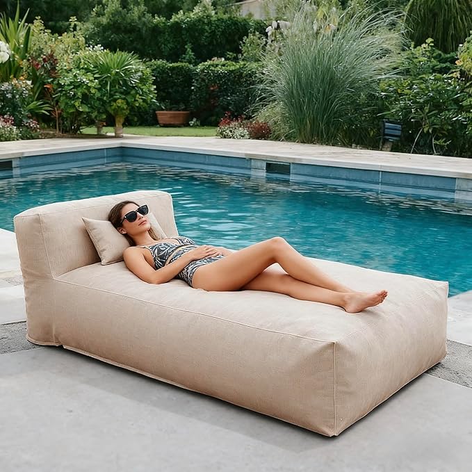Outdoor Bean Bed Chair Sun Lounger, Outdoor Couch Sofa for Patio & Pool, Foam Filling Day Bed Furniture, Comfy Lazy Sofa for Outside, Water-Resistant Seating (Light Beige, 70'' L)