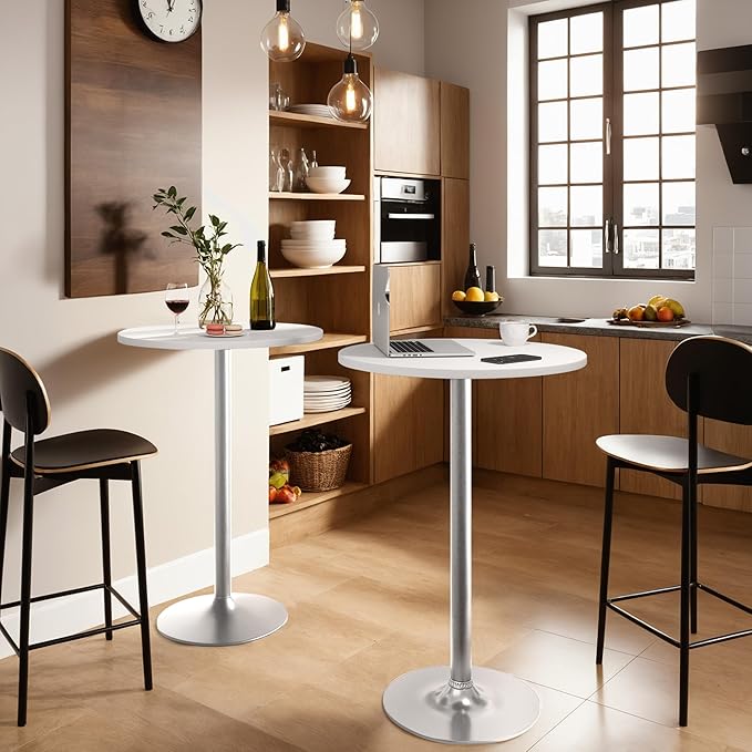 Furmax Bistro Pub Table Round Bar Height Cocktail Table for Home Bar, Small Round Bar Tables for Party, Dining Room, Living Room and Wedding, Metal Base MDF Top Obsidian, 40.6 Inch Height (1, White-2)