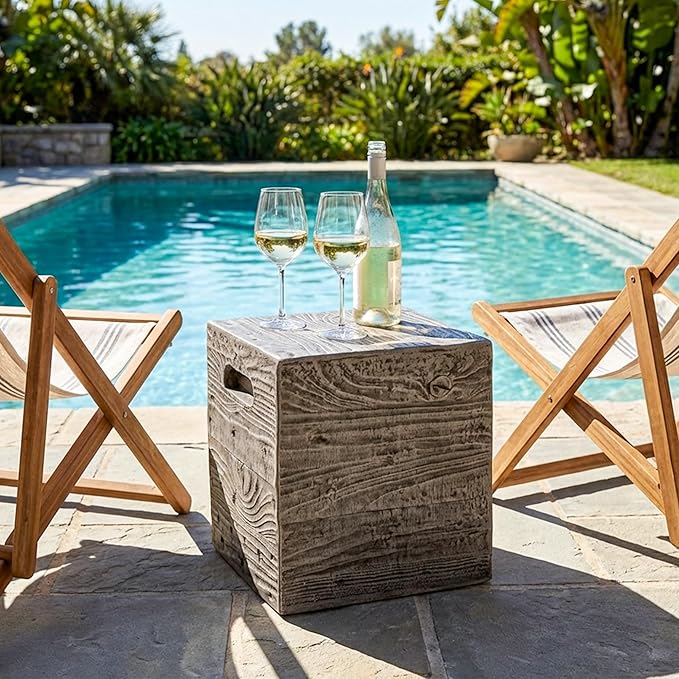 COSIEST Wooden Outdoor Side Table, Square MgO Concrete End Patio Side Table, Lightweight Cylinder Top Plant Stand with Square Base for Garden and Deck