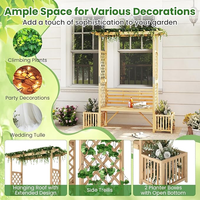 Giantex Outdoor Bench with Garden Arbor & 2 Planter Boxes, Wooden Trellis for Climbing Plants & Vines, Outside Pergola for 2-People Seating, Decoration for Porch, Patio, Yard