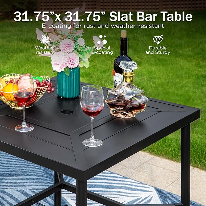 PHI VILLA 5 Piece Outdoor Bar Furniture Set, Counter Height Patio Bar Bistro Table (Square) & Rattan Wicker Bar Stools Chairs with All Weather Cushions for Backyard, Deck and Porch