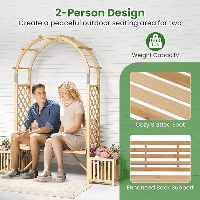 Giantex Outdoor Bench with Garden Arch & Planters, Wooden Pergola Archway, Outdoor Trellis for Climbing Plants, Patio Decorative Arbor Arch for Backyard Lawn (Arched,Natural,73"x22"x80")