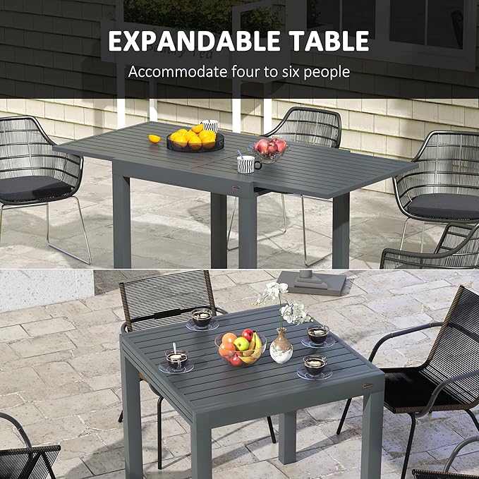 Outsunny Expandable Patio Dining Table for 4-6, 35.5" -70.75" Aluminum Extendable Outdoor Dining Table, Square/Rectangular Patio Table for Garden, Backyard, Poolside, Deck, Gray