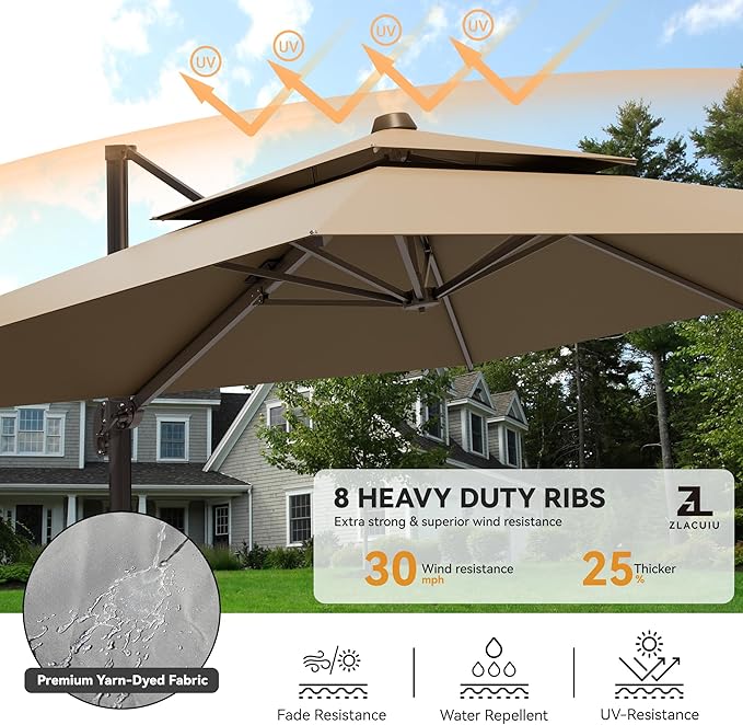 9x12FT Cantilever Patio Umbrella - Heavy Duty Double Layer Offset Design with 360° Rotation, Large Rectangle Sun Shade Umbrella for Garden, Deck, Pool, Backyard, Brown