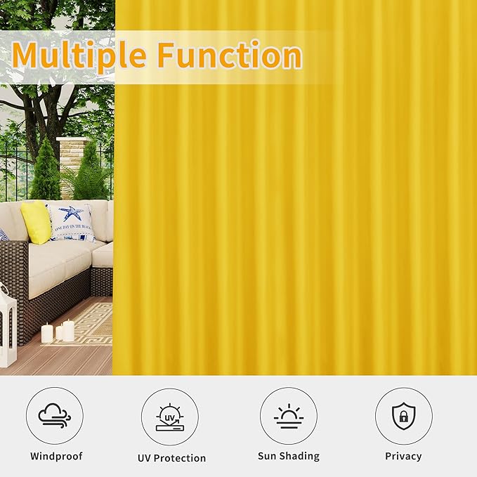 Easy-Going Outdoor Patio Curtains Detachable Tab Top Windproof Weatherproof Curtain for Cabana, Porch, Pergola and Gazebo, Tab Bottom Drape, 2 Panels, 110W x 120L inch, Yellow