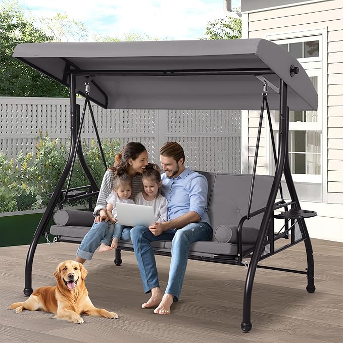 Patio Porch Swings with Adjustable Canopy - 3 Seat Outdoor Porch Swing Glider Bench with Stand, Heavy Duty Swing Bed W/Cushions Pillows and Cup Holder for Backyard Garden Lawn Poolside (Gray)