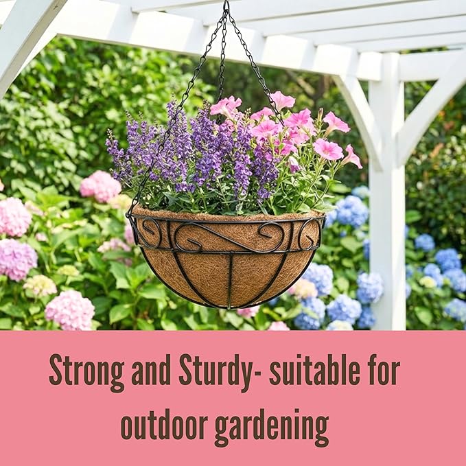 LaLaGreen Hanging Baskets for Plant Outdoor (18 Inch, 4 Pack) Large Black Metal Wire Hanging Planter with Coco Liner Round Flower Pot Hook Holder Hanger Deck Porch Country Modern Garden Balcony Decor