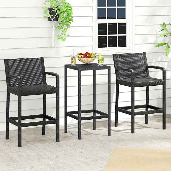 Tangkula 3 Pieces Patio Bar Set, Oudoor Curved Heavy Duty Bar Chairs and Square Table for 2, for Garden, Balcony, Poolside, Black