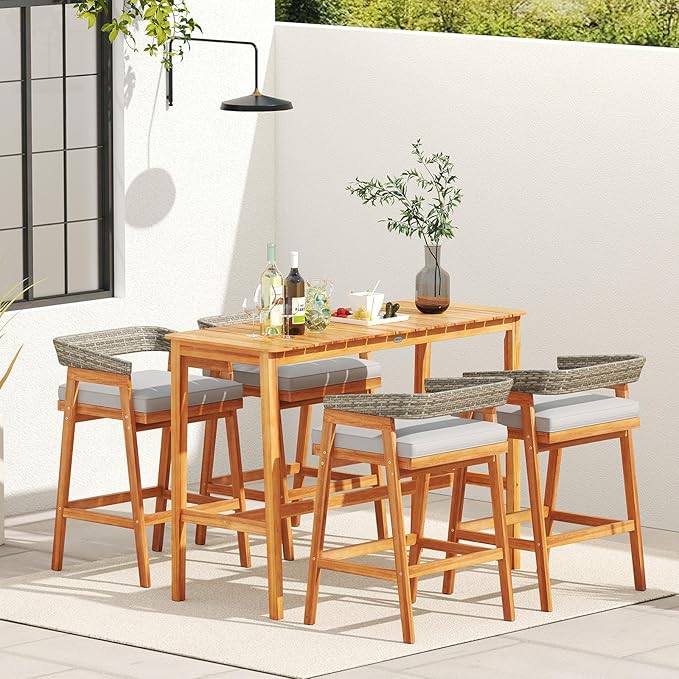 Tangkula Patio Bar Table, 54” x 22” Acacia Wood Counter Height Table with Slatted Tabletop & Footrest Crossbar, Rectangle High Top Table for Backyard, Poolside, Balcony
