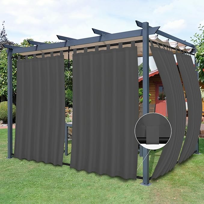 Easy-Going Outdoor Patio Curtains Detachable Tab Top Windproof Weatherproof Curtain for Cabana, Porch, Pergola and Gazebo, Tab Bottom Drape, 2 Panels, 54W x 120L inch, Gray