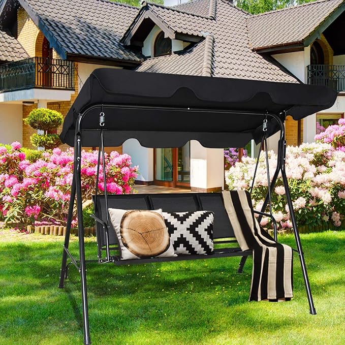 TANGKULA 3 Person Patio Swing, Steel Frame with Polyester Angle Adjustable Canopy, All Weather Resistant Swing Bench, Suitable for Patio, Garden, Poolside, Balcony (Black)