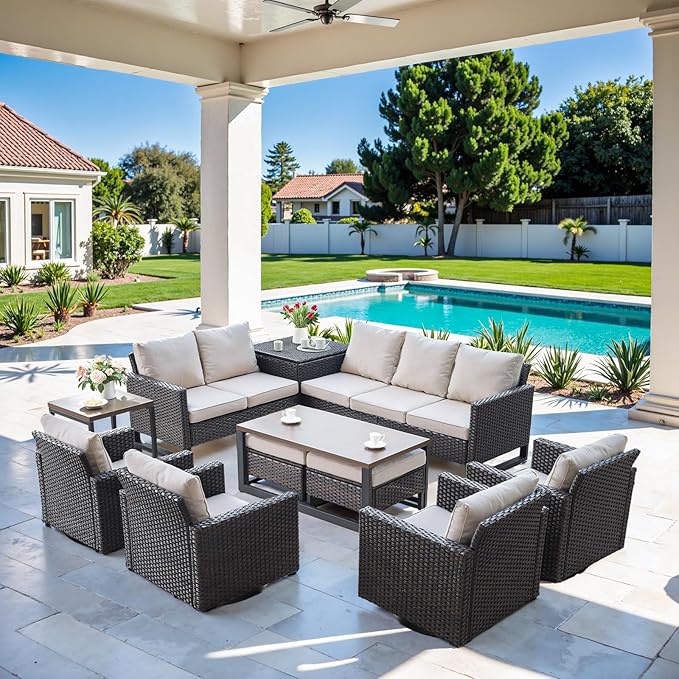 Belord Spacious 11 Pieces Patio Conversation Set - 5-Seater Outdoor Furniture Sectional Sets with Swivel Glider Chairs Set of 4 and Storage Box, Metal Top Coffee Table with Embedded Ottoman Brown
