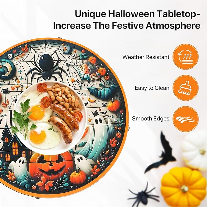 Fashion&cool Patio Side Tables, 14 Inch Weather Resistant Metal Outdoor Side Table for Halloween, Round End Table Side Table for Patio Yard Porch Balcony Garden Bedside, Plant Stand (Orange-Pumpkin)