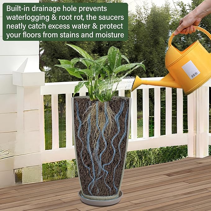 24/21/12 Inch Large Plastic Planter, Lightweight Ceramic-Look Tall Planters with Drain Hole & Saucers, Tall Plastic Planters for Porch, Garden, Patio, Balcony(Glaze Beige)