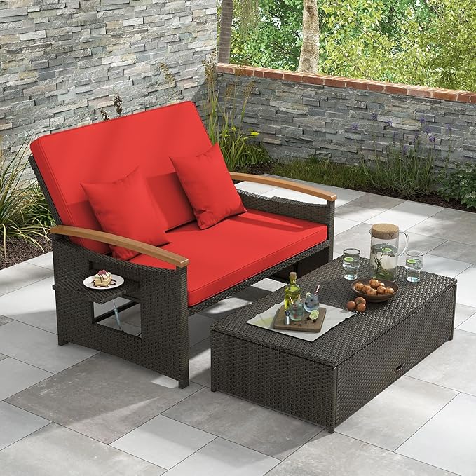 LDAILY Moccha Outdoor Wicker Daybed, Patio Rattan Loveseat Sofa w/ 4-Level Adjustable Backrest, Folding Panels, Storage Ottoman & Cushions, Lounge Furniture Set for Poolside Backyard Porch (Red)