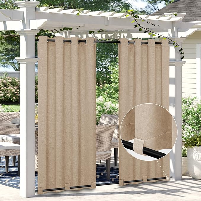 Easy-Going Linen Look Outdoor Curtains Waterproof Windproof Porch Curtains, Soft Thicken Outdoor Privacy Curtains for Patio, Gazebo, Grommet Top and Tab Bottom Drape, 2 Panels, 54x84 inch, Beige