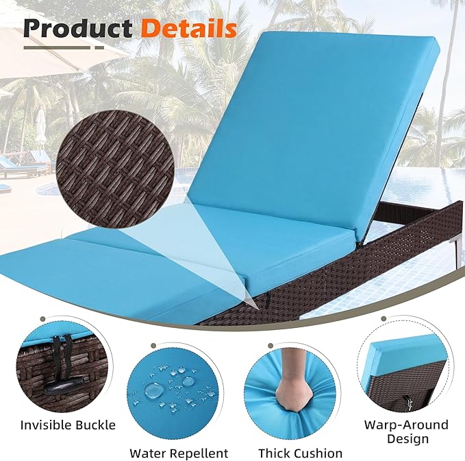 HOMREST Outdoor Chaise with Pneumatic Adjustable Backrest, Rattan Pool Sunbathing Chair - Turquoise