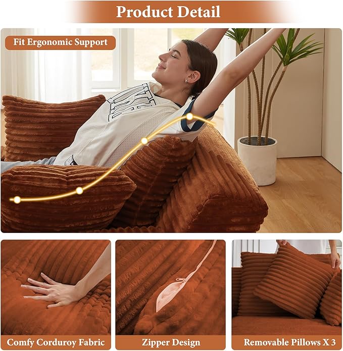 78.7" Chaise Lounge Chair Indoor, Oversized Boneless Couch Comfy Upholstered Sleeper Sofa Bed with 3 Pillows, Corduroy Cloud Reading Chair for Living Room No Assembly Required, Orange