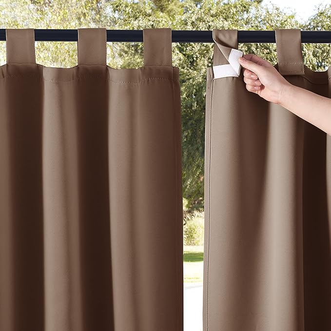 NICETOWN 2 Panels Outdoor Curtains for Patio Waterproof Vertical Blind, Detachable Sticky Tab Top Thermal Insulated Privacy Protected Outdoor Divider Window Treatment for Pergola, W52 x L108-Inch, Tan