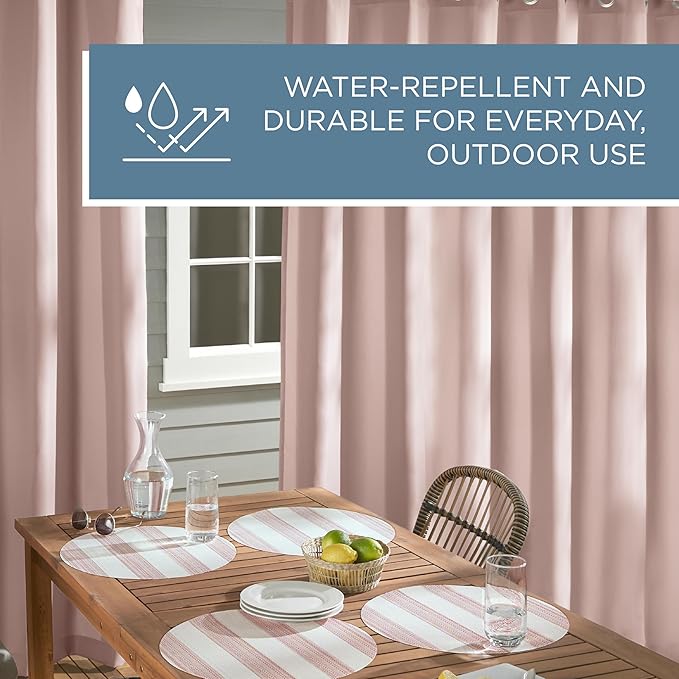 TOWN & COUNTRY BASICS Cabana Solid Heavyweight Indoor Outdoor Curtains, Light Filtering Opacity with Grommet Top, Water Repellent, 2-Pack Set, 54"x96", Blush