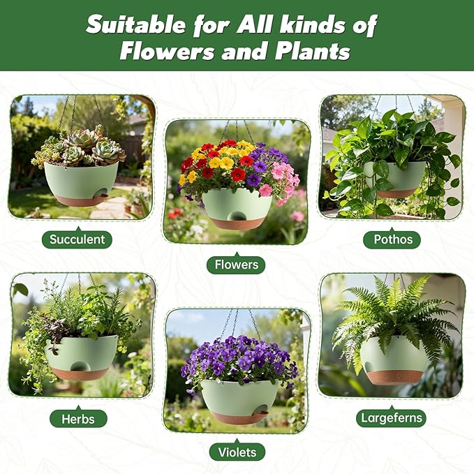 3-Piece Set of 10-Inch Hanging Planters with Automatic Watering System and Drip Tray, Includes Metal Chain, Suitable for Various Indoor and Outdoor Plants and Flowers, Green Brown