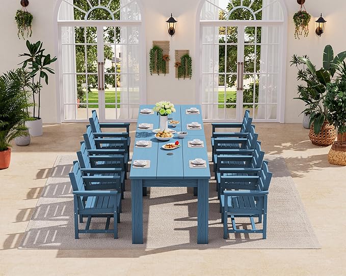 SERWALL Patio Dining Sets for 8, Outdoor Dining Sets for 8 Person with 2 Umbrella Hole Cut-Out Rectangular Tables and 8 Chairs, HDPE Dining Sets for Garden, Backyard, Poolside, Blue