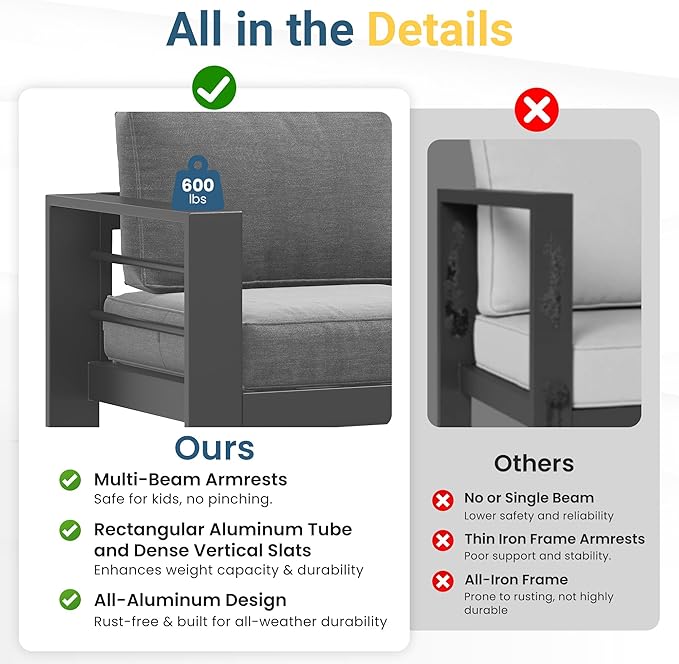 Solaste Aluminum Outdoor Patio Furniture Set with 43" Fire Pit Table, 7 Seats Patio Sectional Sofa with 5" Thick Cushion, Outdoor Patio Set for Porch, Backyard, Deck, Yard, Grey