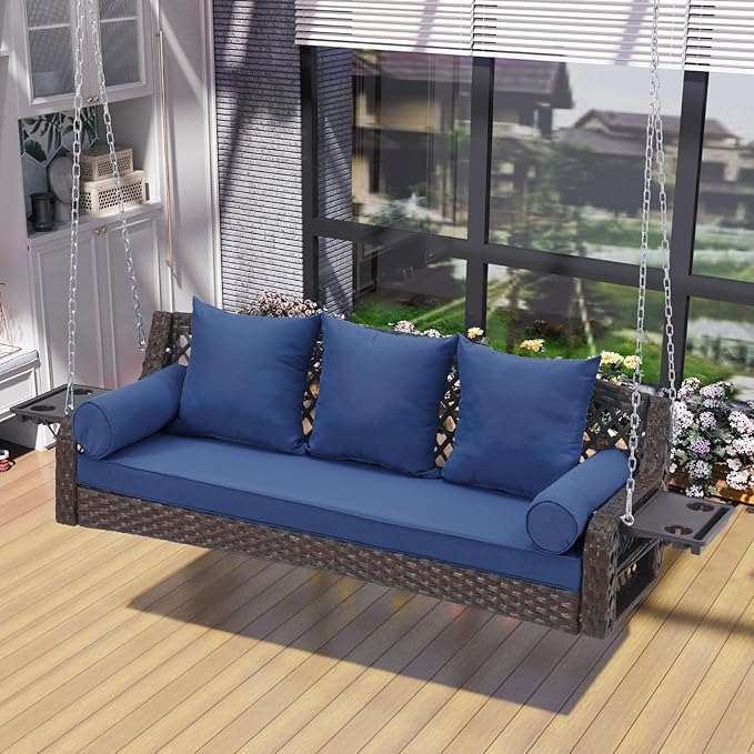 3 Seat Porch Swing, Wicker Patio Swing with Cup Holders & 3 Back Cushions, Yard Swing with Chains for Deck Garden Backyard,Brown Seagrass Rattan, Blue Cushion, 56-inch