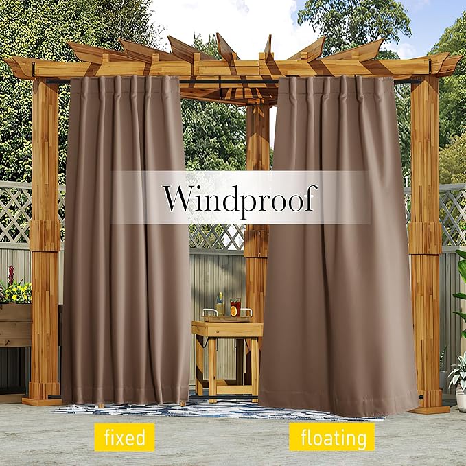 NICETOWN 2 Panels Waterproof Outdoor Curtains Fixed Pocket & Back Tab on Top & Bottom, Thermal Insulated Keep Rain & Sun Out Blackout Windproof Outdoor Drapes with Rope, W52 x L108, Tan-Khaki