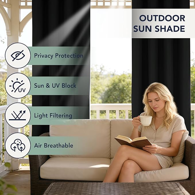 Black Outdoor Curtains for Patio Waterproof - 8 Panels Privacy Weatherproof Outside Curtains with Grommets for Pergola, Gazebo, Porch, Cabana, Balcony, 54 x 95 Inch