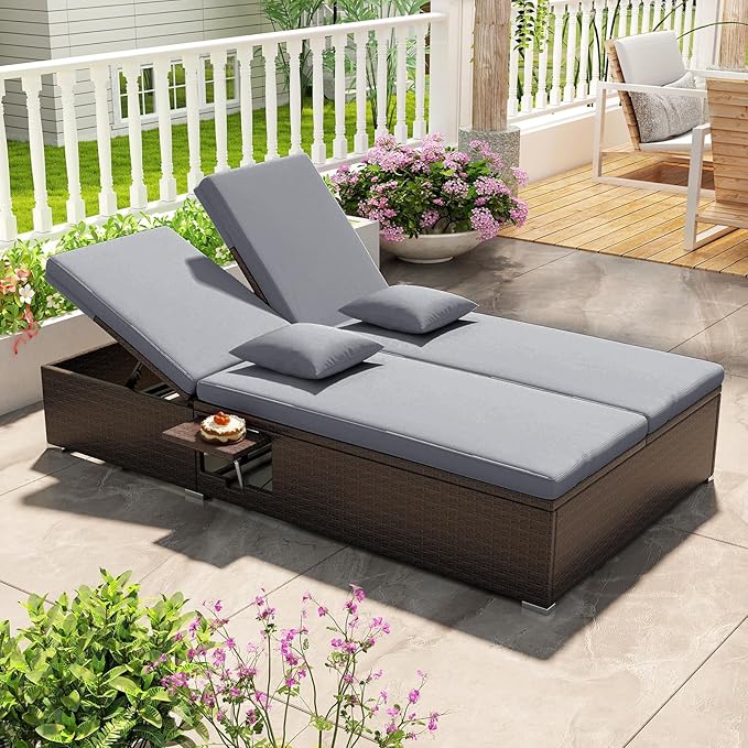 Tangkula Outdoor Rattan Daybed with 6-Level Adjustable Backrests, 2-Person Adjustable Wicker Recliner Bed with Cushions & Folding Side Trays, Double Sunbed Lounger for Balcony, Backyard & Poolside