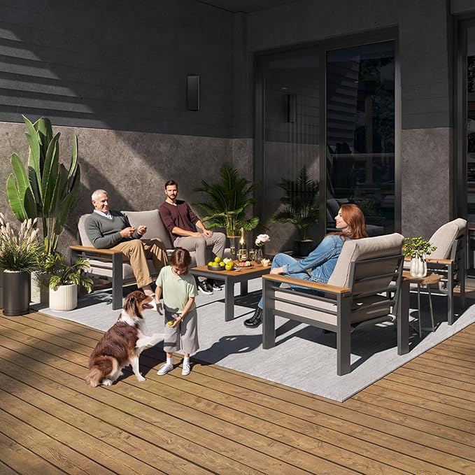 Aoxun Aluminum Outdoor Patio Furniture Set, 4 Seats Outdoor Sectional with Coffee Table, Patio Conversation Sets with Upgraded Armrests and Cushions for Backyard, Garden and Poolside
