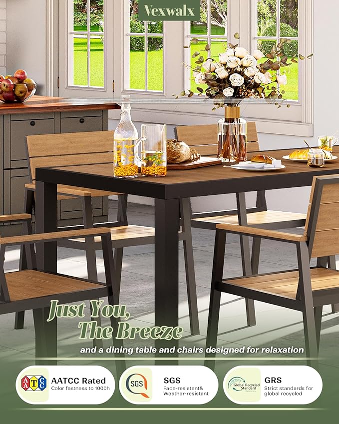 67" HDPS Outdoor Patio Dining Table, Aluminum-Edged Outdoor Dining Table with Umbrella Hole, Weather-Resistant for Lawn, Garden, Poolside and Indoor Use, Gray&Teak