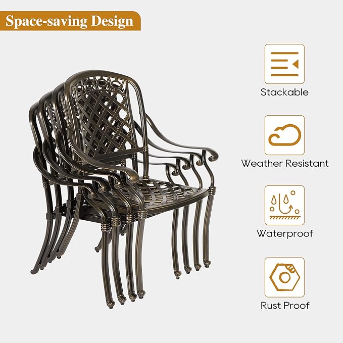 5-Piece Cast Aluminum Outdoor Patio Dining Set, All Weather Cast Aluminum Outdoor Furniture Dining Set for Patio, Balcony, Lawn, Garden, Backyard w/4 Chairs and Cushions, 2.0" Umbrella Hole