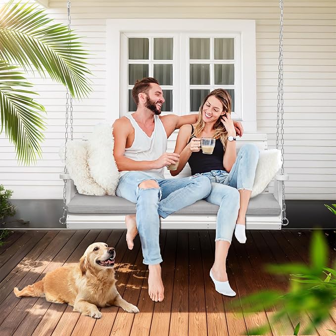 VINGLI Wooden Porch Swing, Heavy Duty 880 LBS Hanging Patio Bench with Extra Cushion for Lawn| Garden| Courtyard (White, 5 feet)