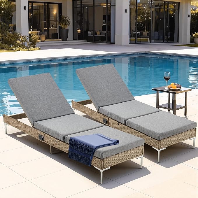HOMREST Outdoor Chaise Lounge Chair Set of 6, Patio Wicker Lounge Chairs with Adjustable Backrest, Rattan Pool Sunbathing Chaiser with Removable Cushion (Grey)