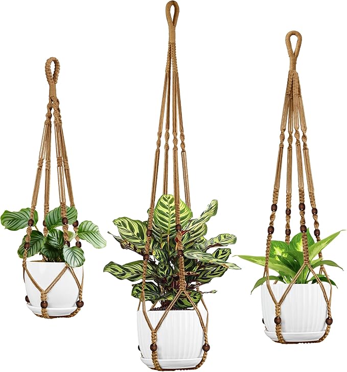 Macrame Plant Hanger - Fits 4 to 15 inches Pots for Indoor Outdoor, 43"/35"/29" Different Sizes Set, Brown (POTS NOT Included)