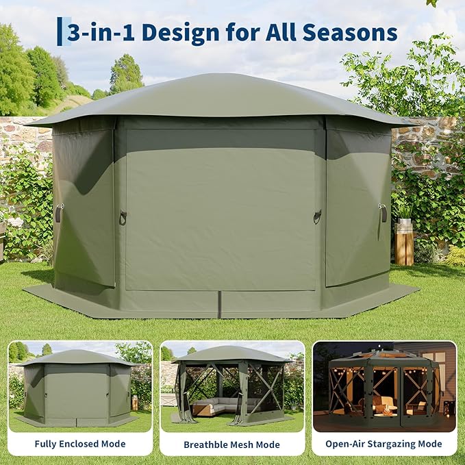 13x13FT 6-Sided Pop Up Gazebo Tent，One-Push Setup Canopy Tent with Removable Canopy Top & Wind Cloths, Outdoor shelter for Camping, Backyard Parties, Outdoor Events - Army Green