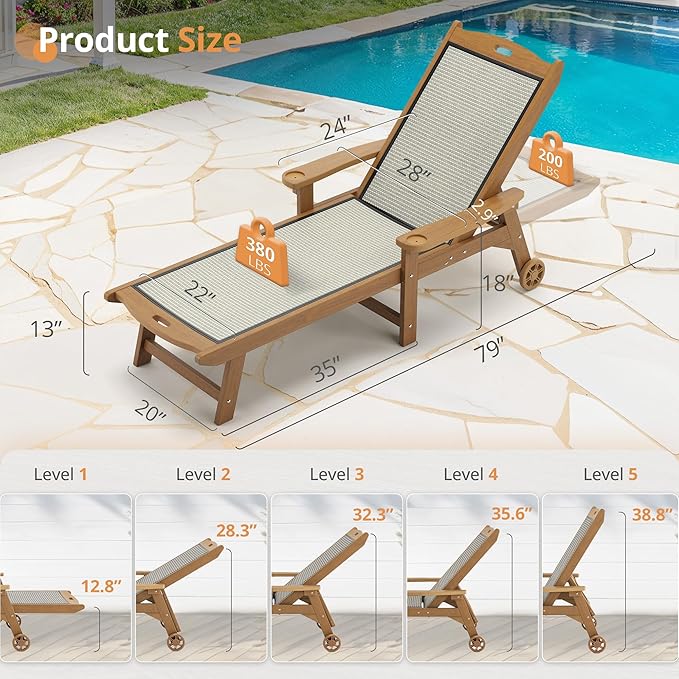 LUE BONA Chaise Lounge Chair Outdoor Set of 4, HDPS and HDPE Wicker Material, Patio Lounge Chair with Adjustable Backrest, Resin Pool Lounge Chairs with Wheels for Backyard, Poolside and Deck