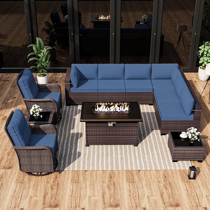 ALAULM Patio Furniture Set with 2 Swivel Chairs, Outdoor Sectional with 55000 BTU Fire Pit Table and Wide Seat, 11 Pieces Wicker Rattan Conversation Set with Coffee Table for Garden, Deck, NavyBlue