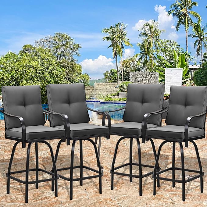 Patio Swivel Bar Stools, Outdoor Bar Height Swivel Chairs Set of 4 with Cushion & All Weather Steel Frame for Backyard, Lawn, Poolside and Balcony, Dark Grey