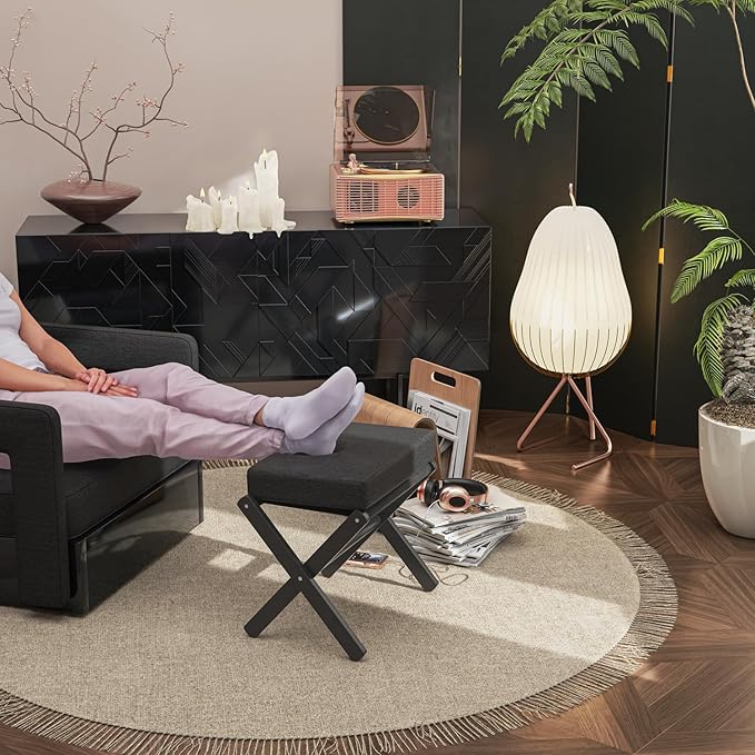 Foldable Foot Stool Ottoman, Small Padded Foot Rest with Bamboo X-Legs, Portable Folding Leg Rest for Living Room Bedroom Office, Soft Foam Cushion Step Stool for Couch & Armchair (Black)